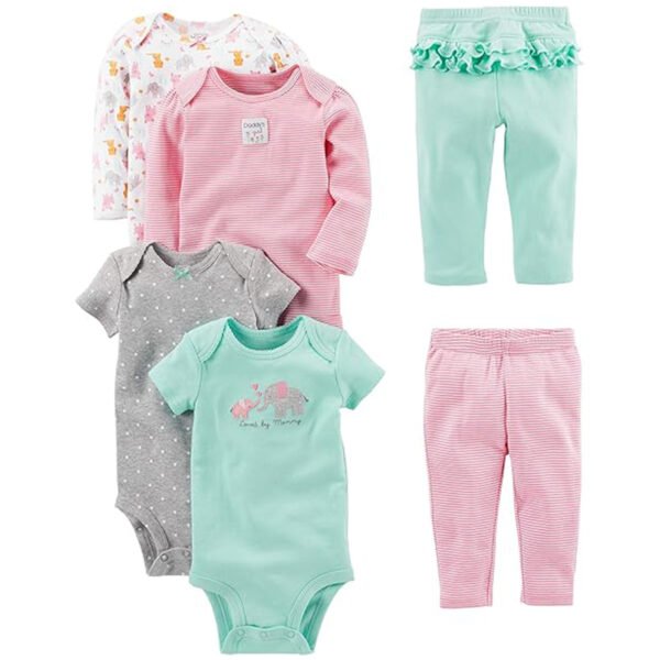 Simple Joys By Carter's Conjunto De 6 Peças Para Bebês Meninas (Manga Curta E Comprida) E Calça, Elefante Verde-Água Bolinhas Cinzas Listras Rosas Animais Brancos Da Floresta, 24 Meses