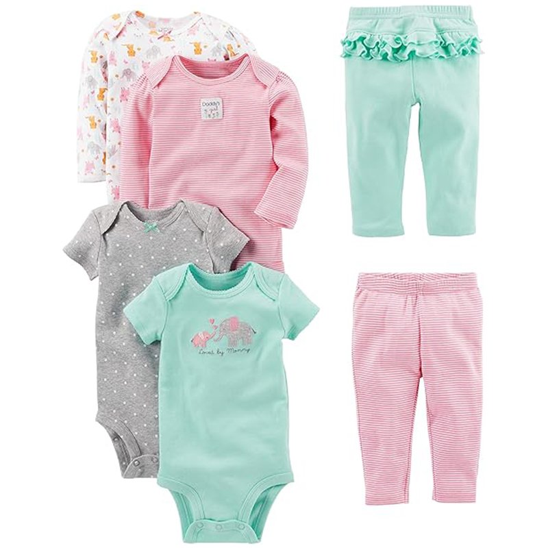 Simple Joys By Carter’s Conjunto De 6 Peças Para Bebês Meninas (Manga Curta E Comprida) E Calça, Elefante Verde-Água/Bolinhas Cinzas/Listras Rosas/Animais Brancos Da Floresta, 24 Meses