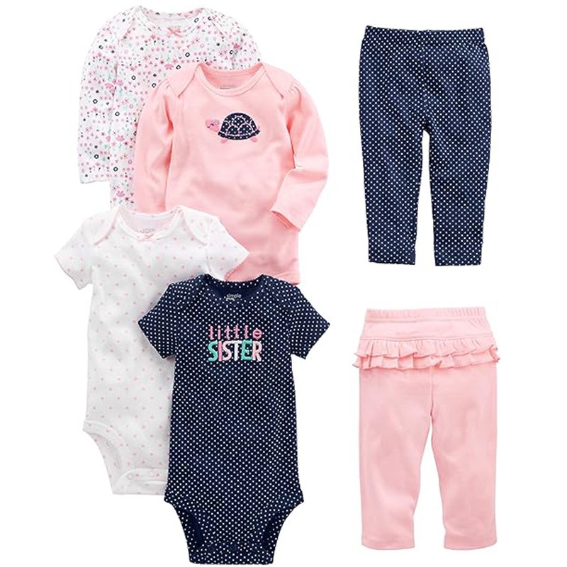 Simple Joys By Carter’s Conjunto de 6 Peças Para Bebês Meninas (Manga Curta E Comprida) e Calça, Multicolorido/Pontos/Floral/Corações/Tartaruga, 24 Meses