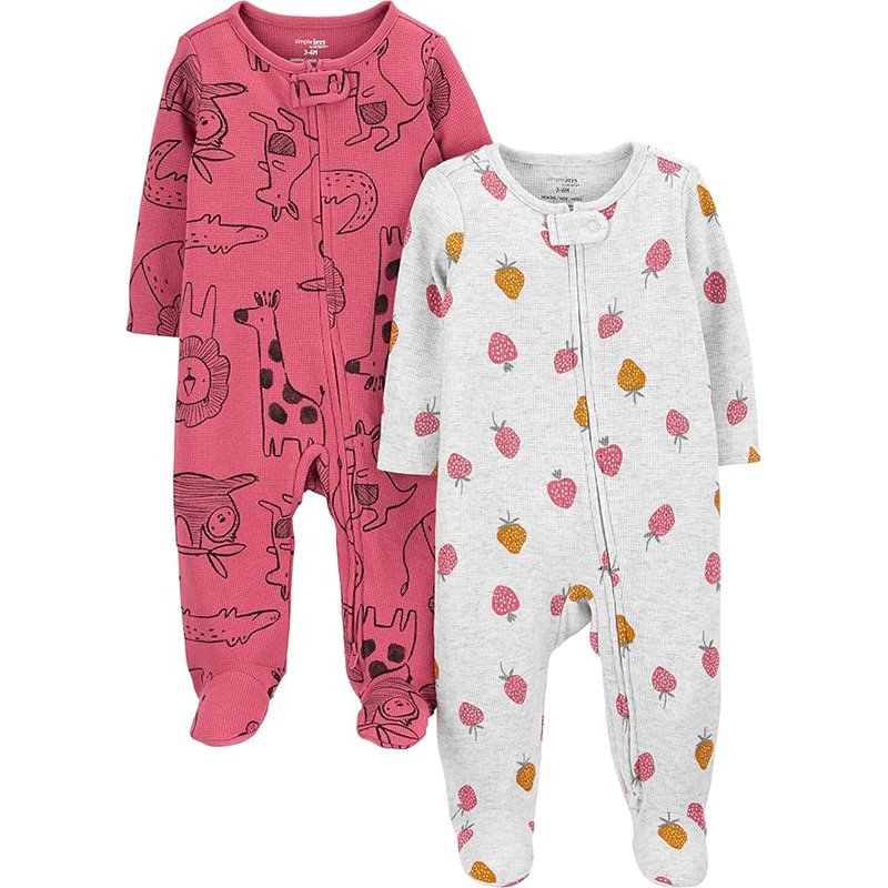 Simple Joys By Carter’s Macacão Térmico Para Bebês Meninas, Zíper Bidirecional, Para Dormir E Brincar, Pacote Com 2, Animais Da Floresta De Rosas Escuras/Morangos Cinzentos, 6-9 Meses