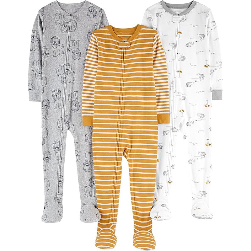 Simple Joys By Carter’s Pijama De Algodão Confortável Para Bebês E Meninos, Pacote Com 3, Listra Dourada/Leão Cinza/Rinoceronte Branco, 3 Anos