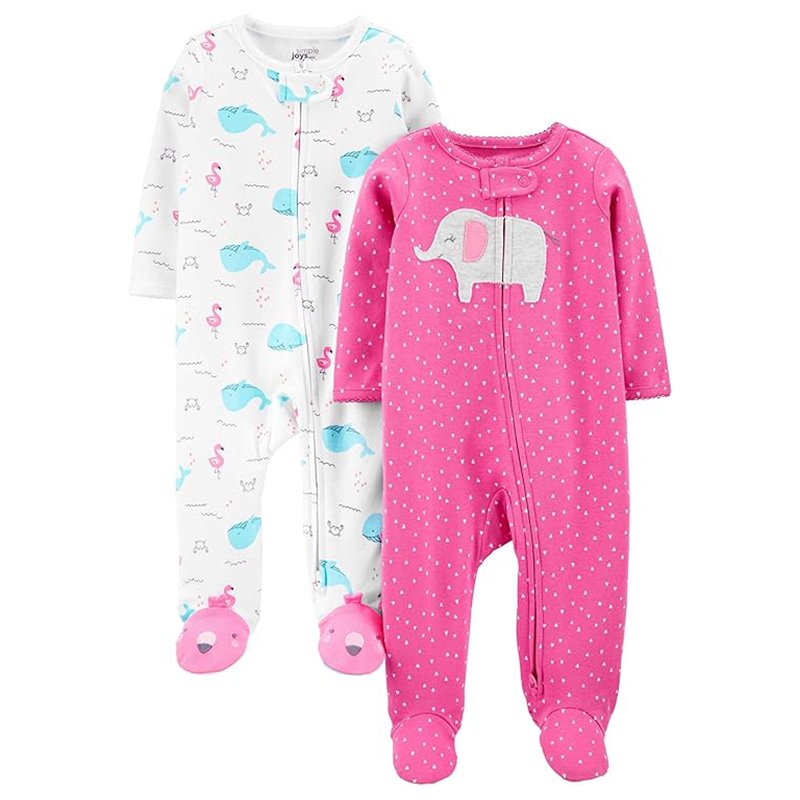 Simple Joys by Carter’s Meias de Algodão para Bebês Meninas, para Dormir e Brincar, Pacote com 2, Elefante Rosa/Vida Marinha Branca, 6-9 Meses