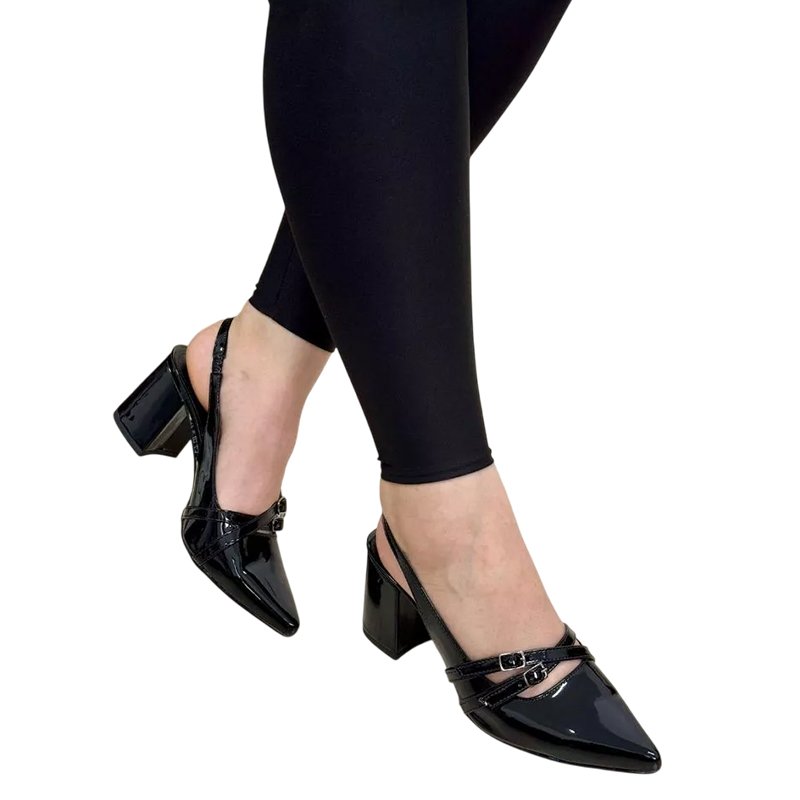 Slingback Scarpin de Fivelinha Sapato Feminino De Bico Fino Salto Grosso