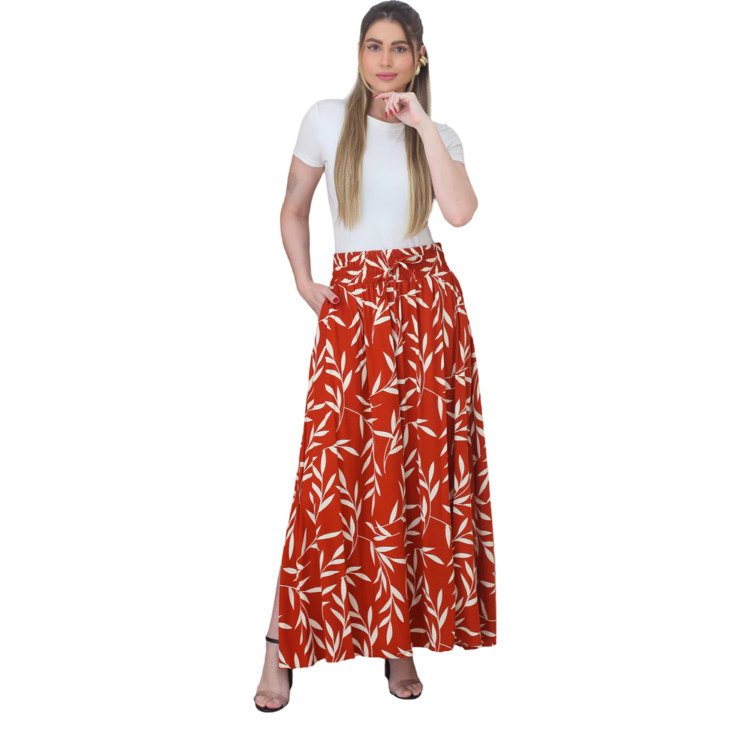 Steve Store Moda Feminina Saia Viscolinho Estampado Com Forro, Contem Bolso E Fenda Nas Laterais