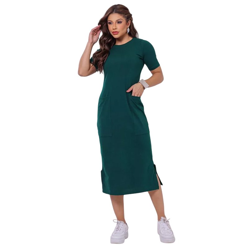 Vestido Feminino Midi Fenda Moda Evangelica Malha Premium