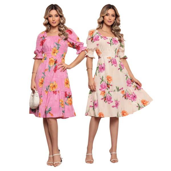 Vestido Feminino midi crepinho com Elastec Poá Ombro à Ombro