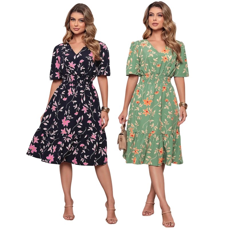 Vestido Feminino Poa Liso de Crepinho Ombro à Ombro Elastec