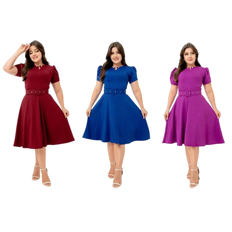 Vestido Godê Pérola com Manga Princesa Várias Cores (Acompanha Cinto) Moda Cristã