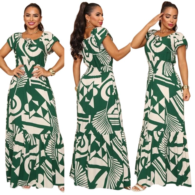 Vestido Longo Com Manga Ciganinha De Viscolinho Com Lastex Na Cintura