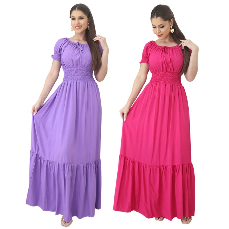 Vestido Longo De Manguinha Com Elástico Na Cintura