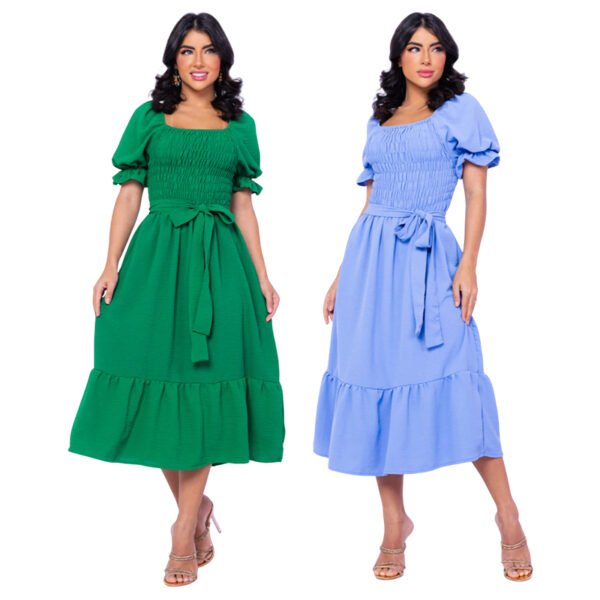 Vestido Longo de Lastex Com Manga Princesa e Cinto Folhada