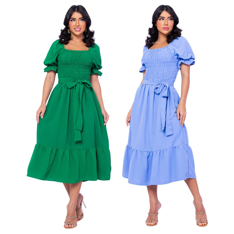 Vestido Longo de Lastex Com Manga Princesa e Cinto Folhada
