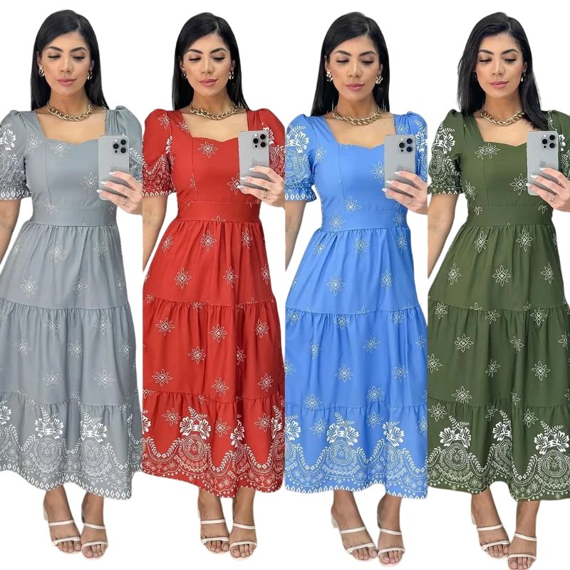 Vestido Midi Estampado Com Elástex Nas Costas