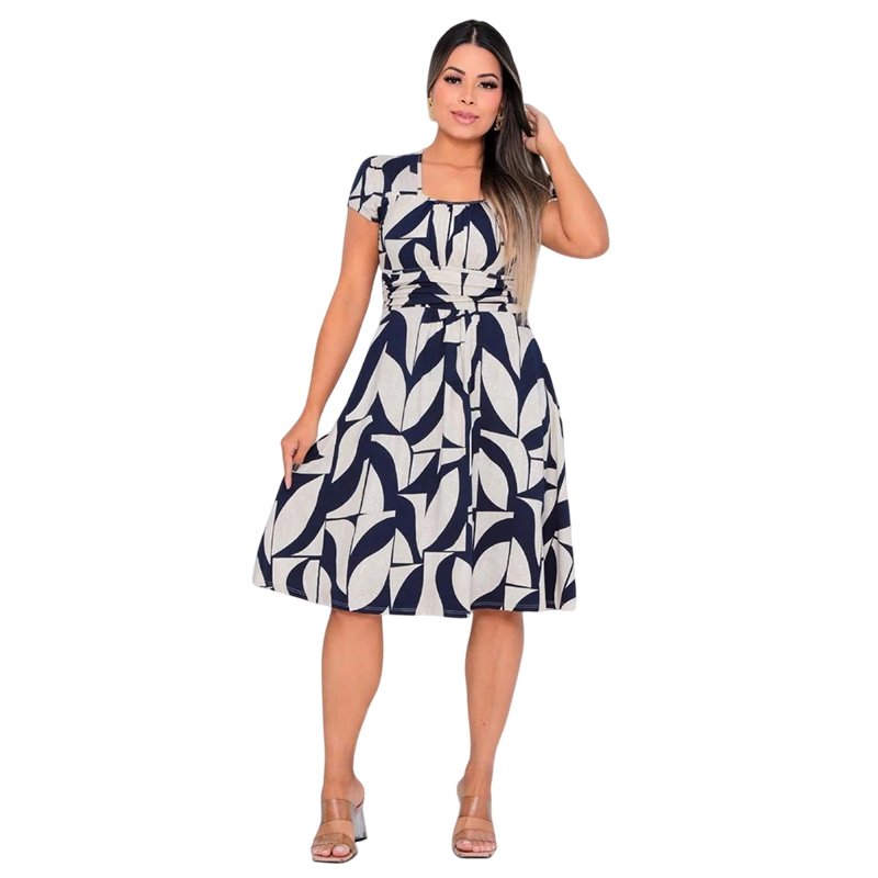 Vestido Mídi Estampado Gola Quadrada Moda Evangélica