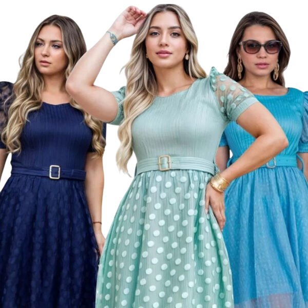 Vestido Midi Feminino Canelado Moda Evangelica Tule Poá