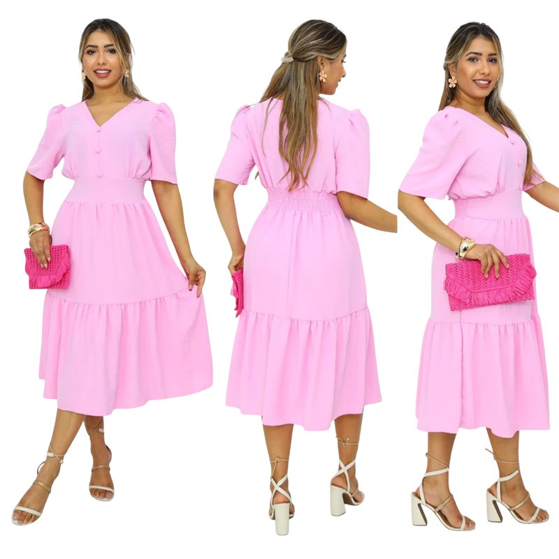 Vestido Midi Liso Feminino Com Elastex Nas Costas