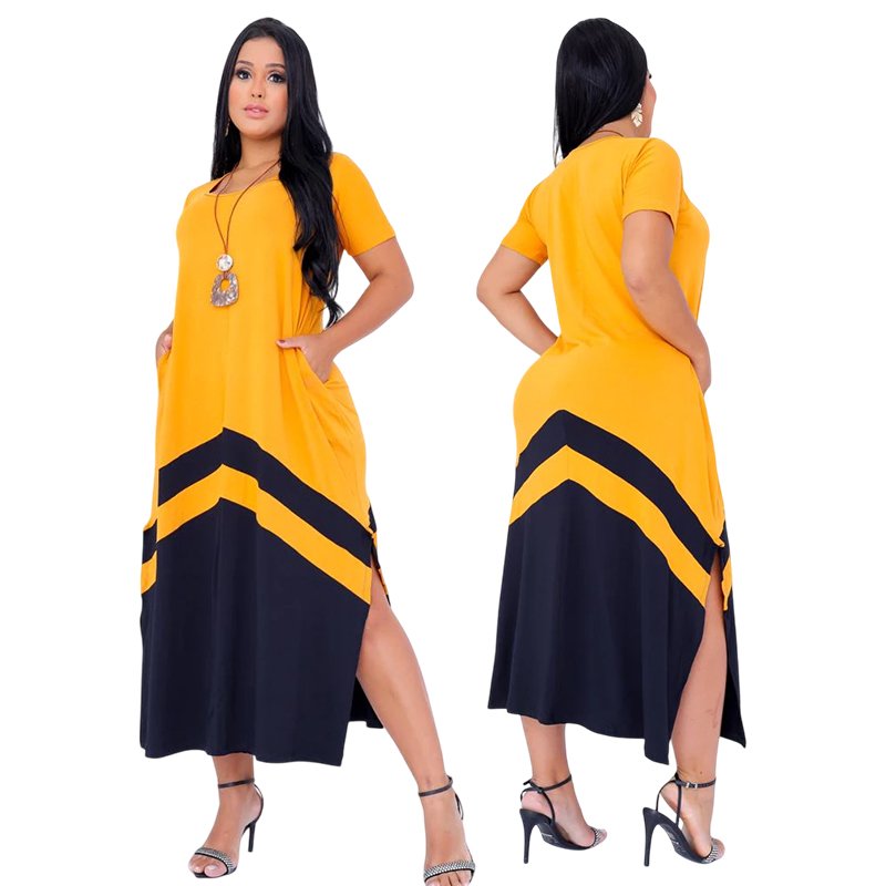 Vestido Midi Saruel Longo com Manga Curta Barra Bicolor com Bolsos Moda Evangelica Outono Inverno Plus