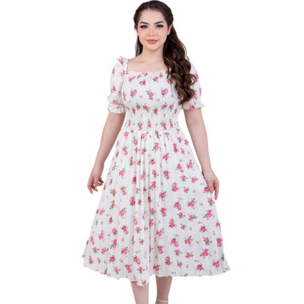 Vestido Midi plissado Manga Curta Bufante, cintura alta, Crepe estampado moda evangélica.