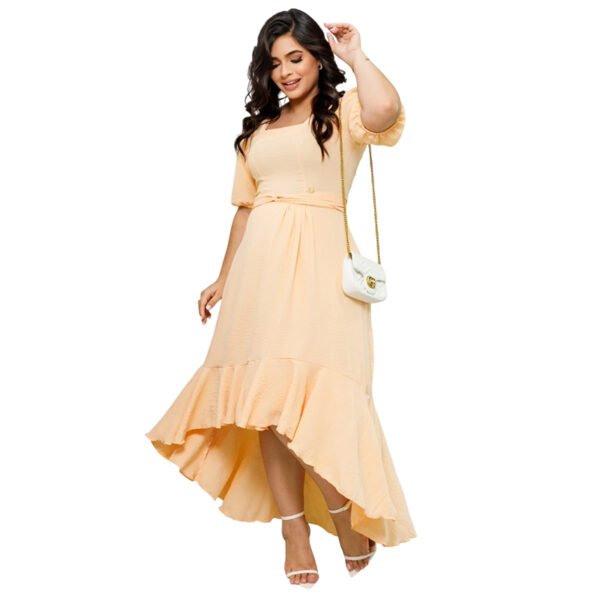Vestido Mullet Babado Feminino Manga Curta Decote Quadrado Alfaiataria Moda Evangelica