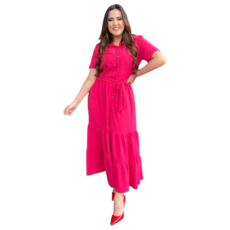 Vestido Feminino Chemise Três Marias Manga Curta Longo Mídi com Botão