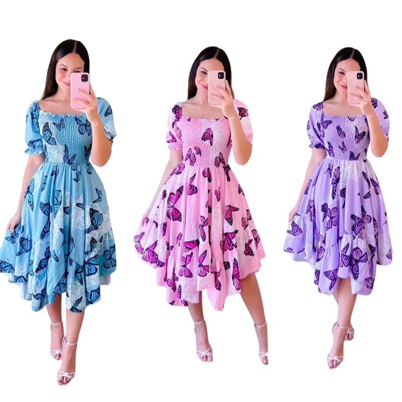Vestido Feminino Lastex Moda Evangélica Com Manga Bufante