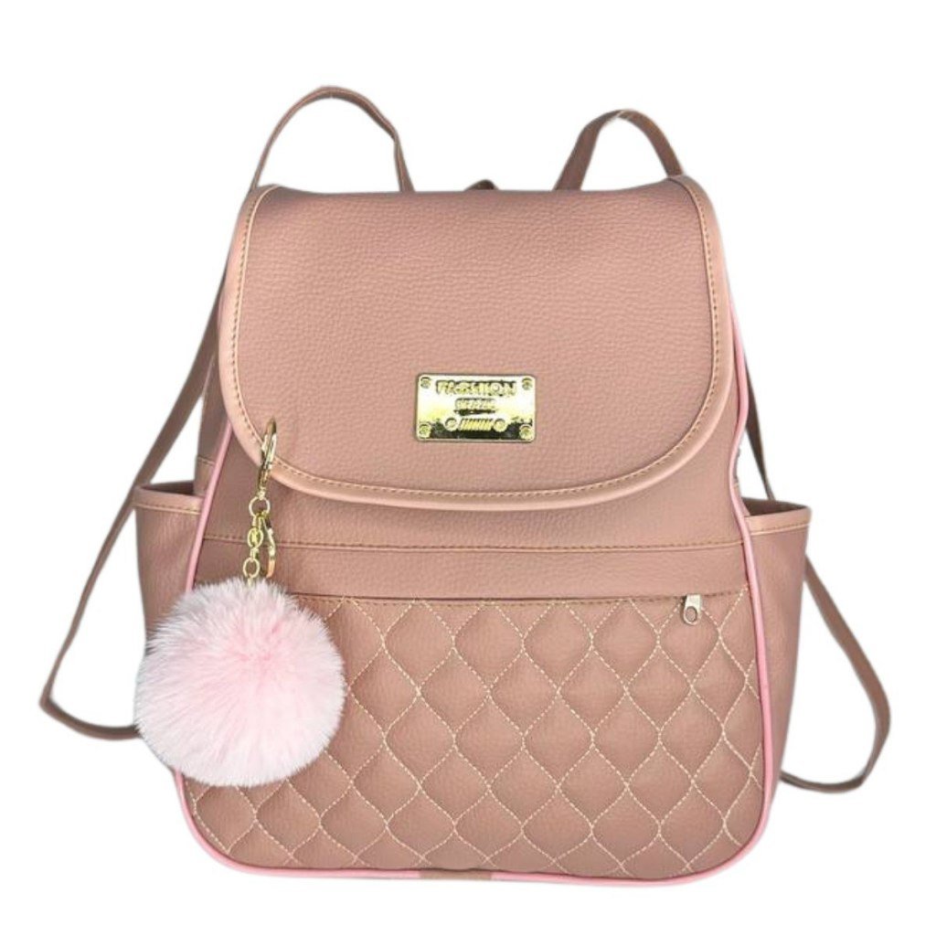 Bolsa Mochila Feminina de Costas Courino Elegante com  Alças Reguláveis + Pom Pom