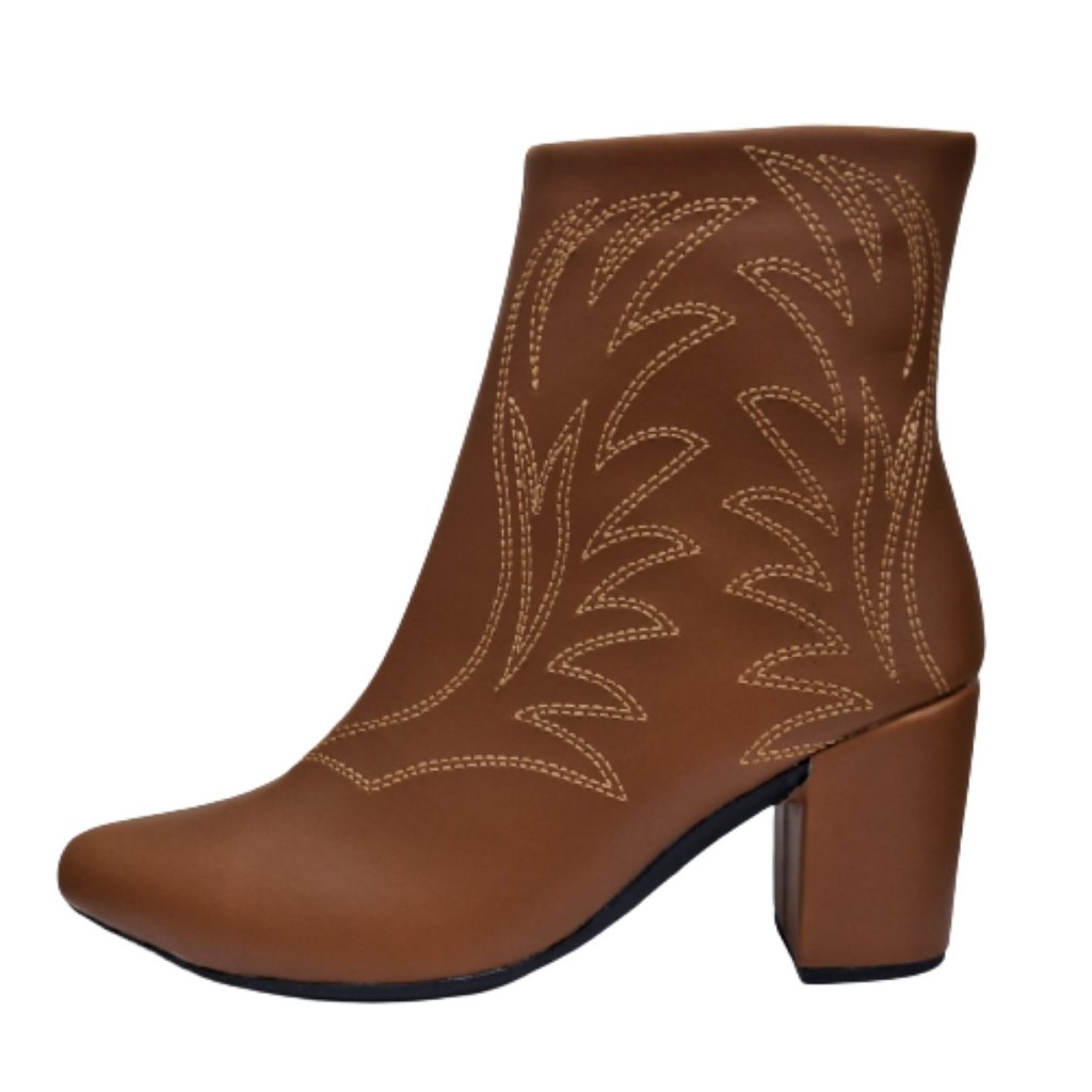 Bota Feminina Bico Fino Bordada Texana Cano Baixo Salto Grosso Bloco Country com Ziper