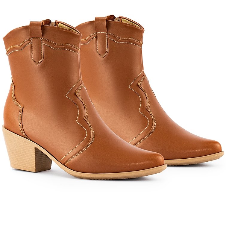 Bota Feminina Lumiss Western Confortável Texana Salto Grosso Cano Curto Country Bico Fino Faroeste Macia Coturno Rodeio