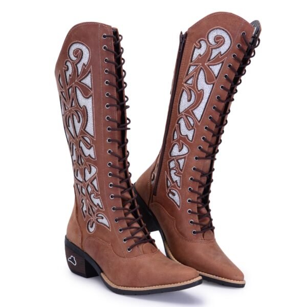 Bota Feminina Sertaneja Texana Couro Zíper Corte a Lesar Brilho Bordado Lançamento Impacto Country