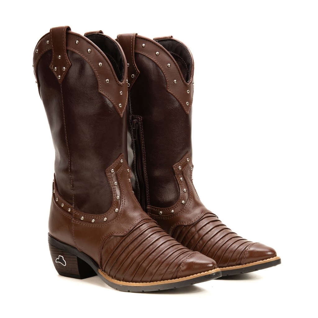 Bota Feminina Texana Country Couro Legítimo Cano Longo Bordado Bico Fino Estilosa e Sofisticada