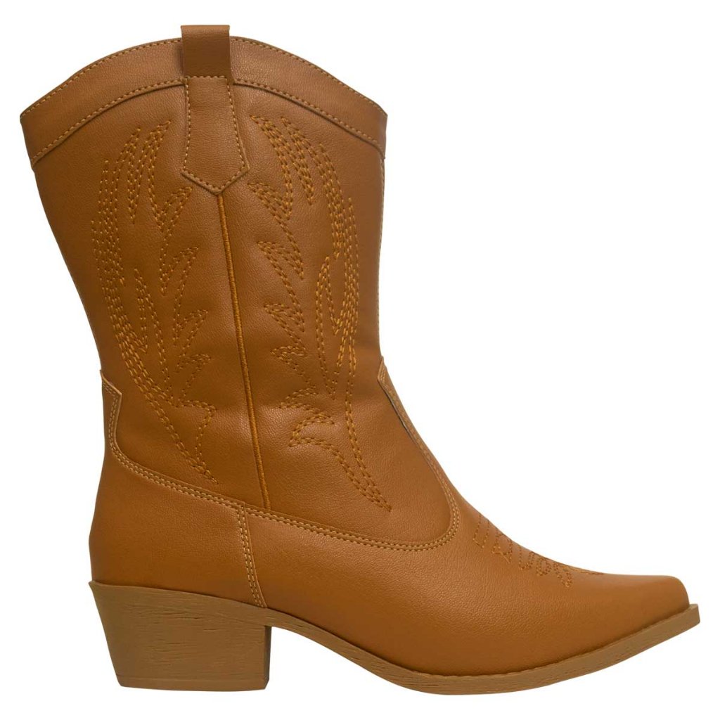 Bota Feminina Western Texana Bordada Cano Médio Salto Grosso Bico Fino Confortável