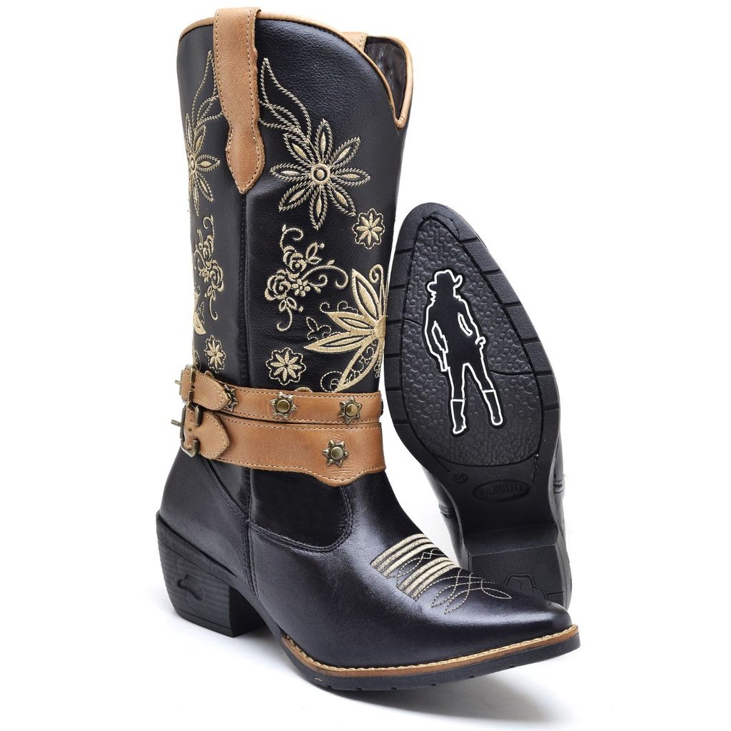 Bota Texana Country Feminina Bico Fino Cano Longo Bordado