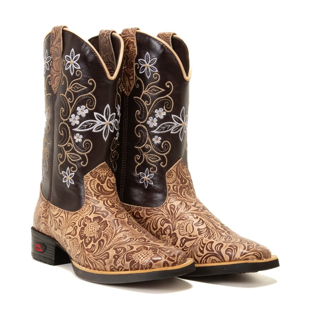 Bota Texana Country Feminina Couro Legitimo Bico Quadrado Cano Longo Bordado Sola Blaqueada Interior Forrado