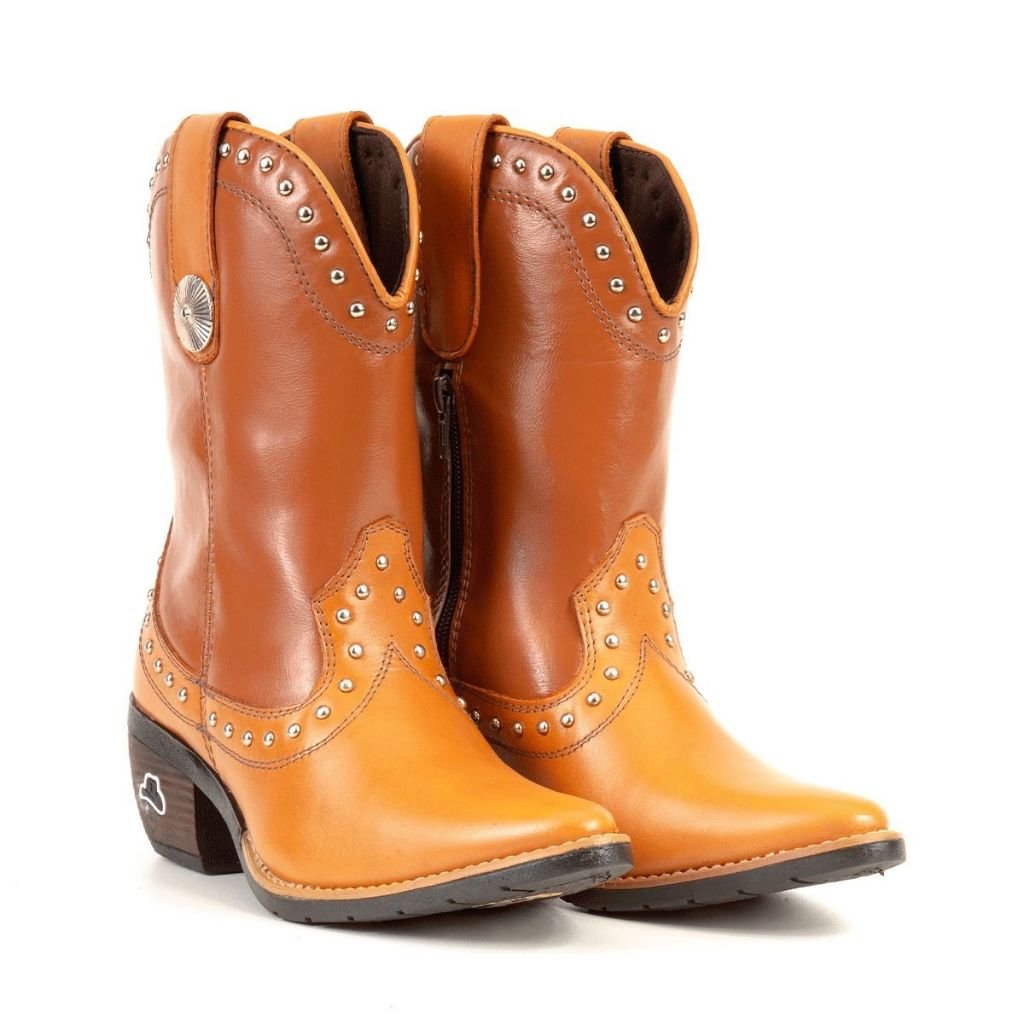 Bota Texana Country Feminina Couro Legitimo Cano Médio Zíper Lateral Bico Fino Sola Blaqueada