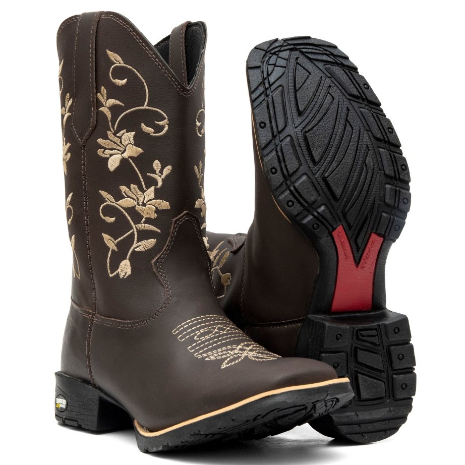 Bota Texana Feminina Country Floral Bege Bico Quadrado