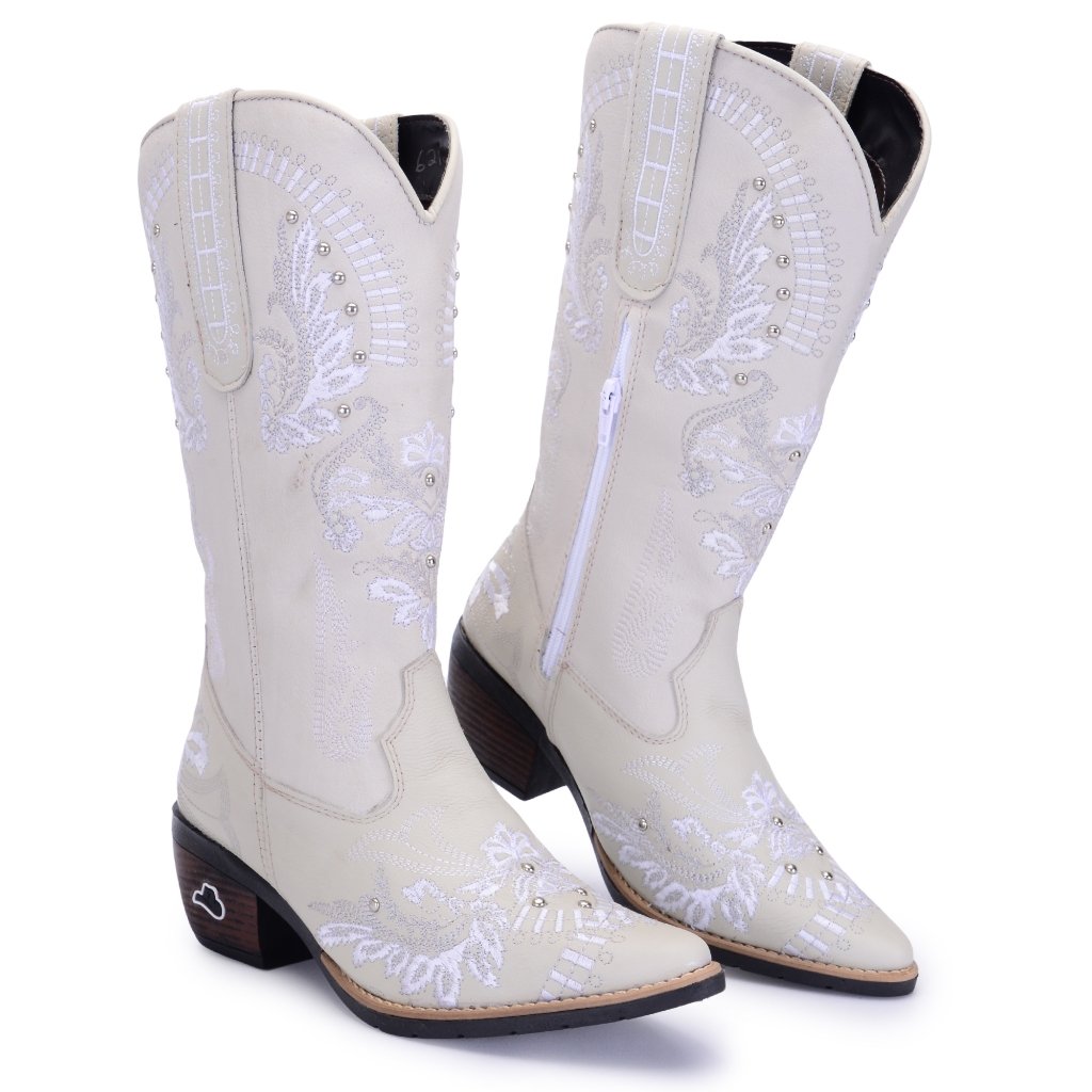 Bota Texana Feminina Sertaneja Westerns Em Couro Com Zíper Toda Bordada Impacto Country