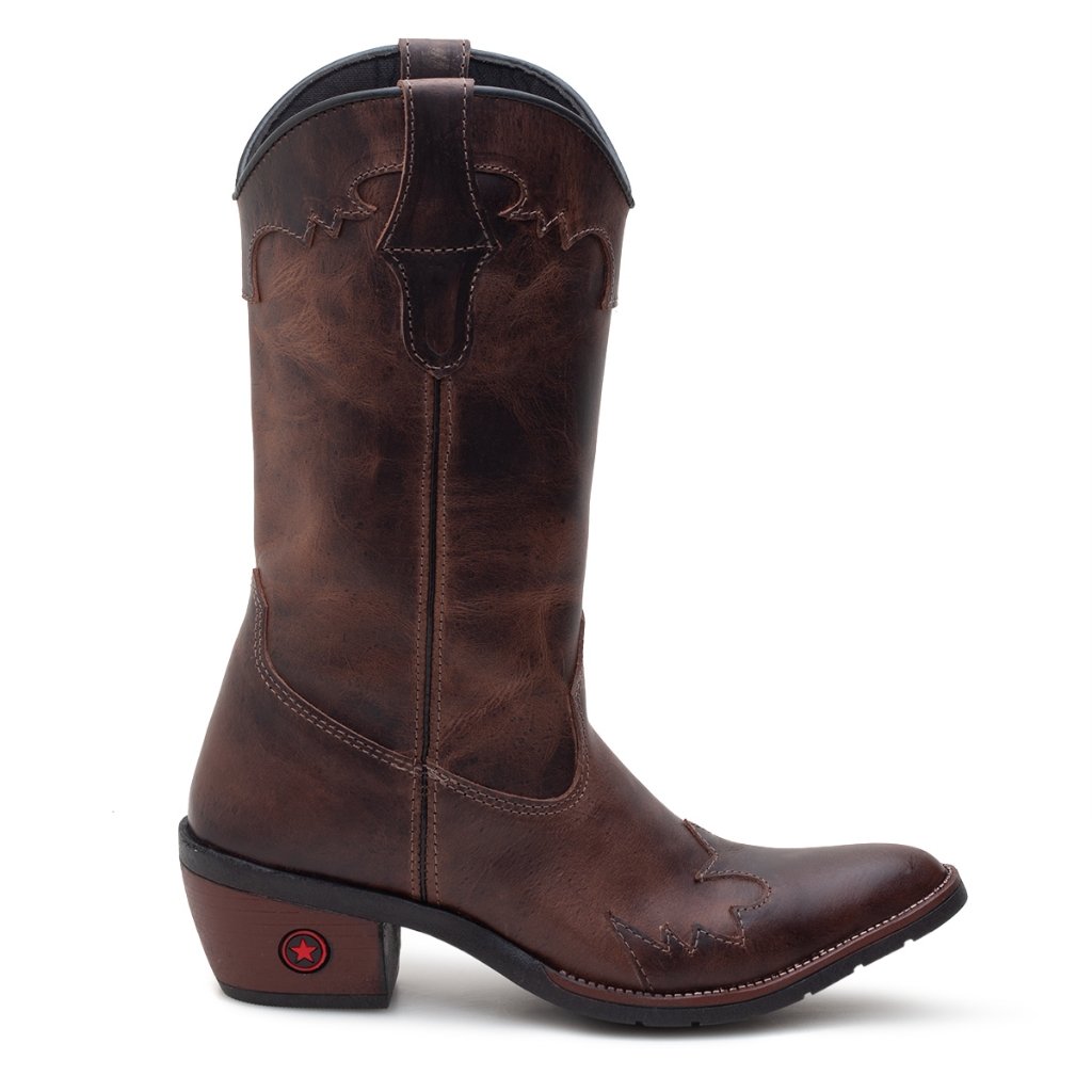 Bota Texana Feminina Western Country Em Couro Legitimo Bico Fino Cano Médio Country Belle