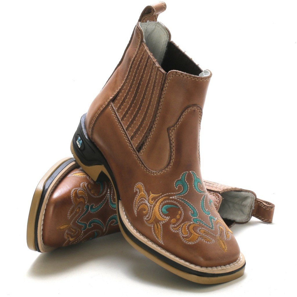 Botina Feminina Bota Country Texana Bico Quadrado Cano Curto Couro Bovino Bordada Cowgirl