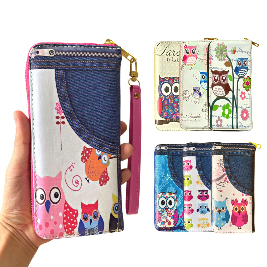 Carteira Feminina + Alça de Mão Porta Celular, Cartão, Documentos, Moedas Coruja Estampada