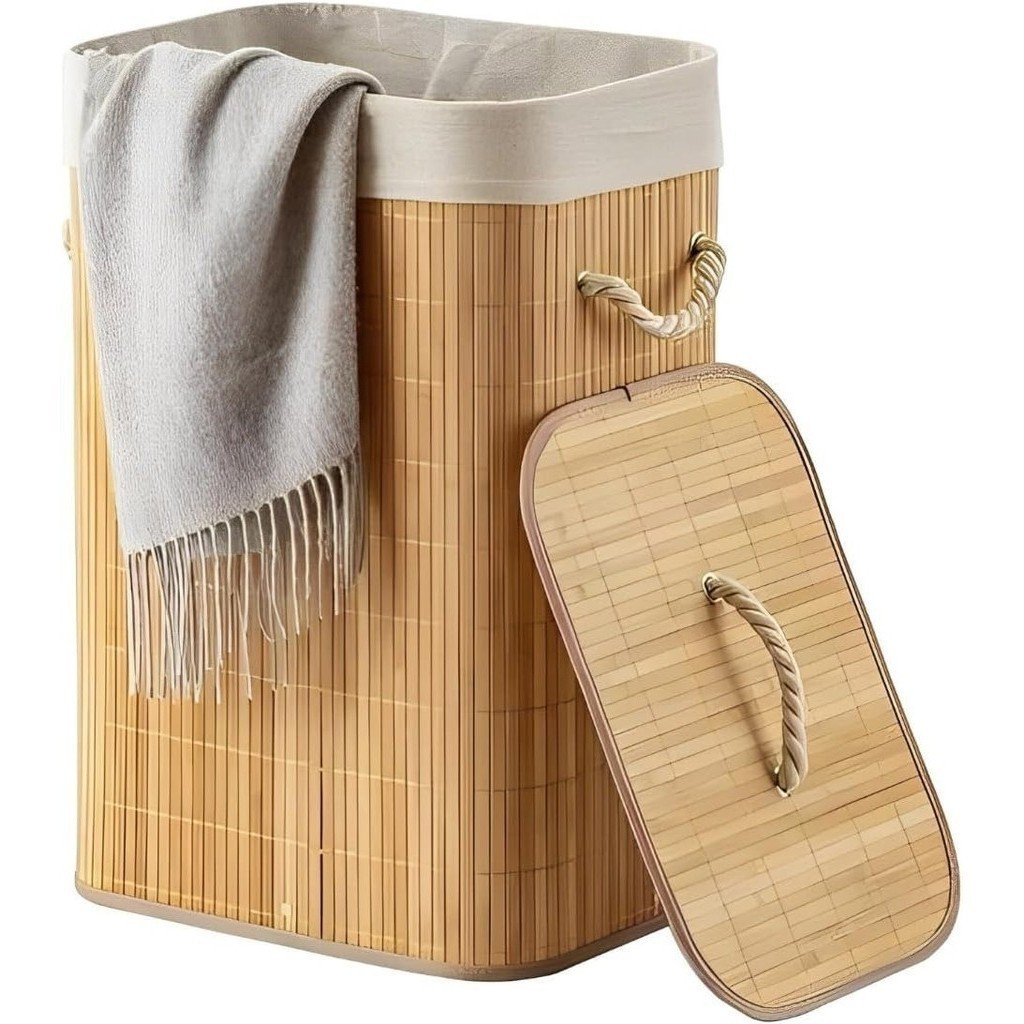 Cesto De Roupa Suja Bambu Dobravel Organizador Forrado Banheiro 60 cm Grande Cesto Retangular