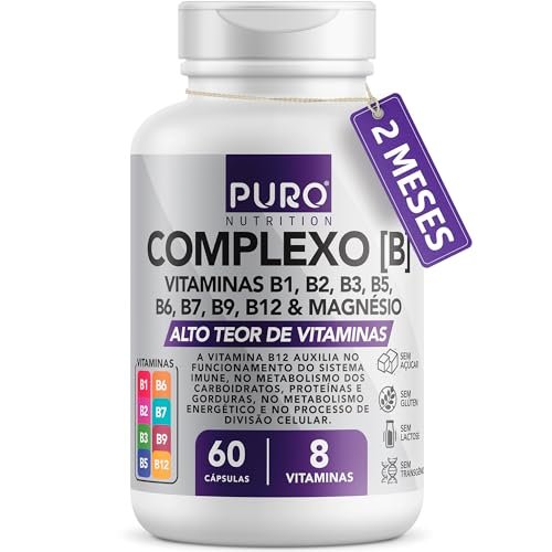 Complexo B Puro Nutrition – Vitaminas B1, B2, B3, B5, B6, B9, B12 e Magnésio, 60 Cápsulas