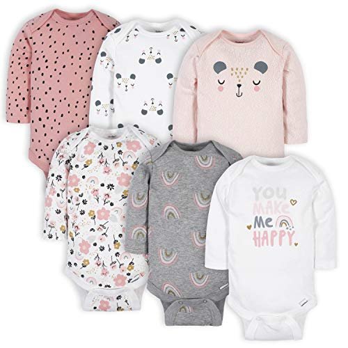 Gerber Pacote Com 6 Bodies de Manga Comprida para Bebês Meninas, Urso Rosa, 12 Meses