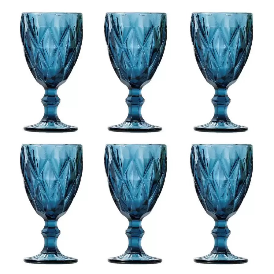 Jogo 6 Taças Vidro Azul Decorado Diamante 325ml Kehome
