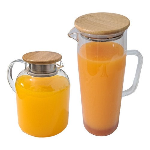 Kit Jarra de Vidro Suco Com Tampa De Bambu Reforçada