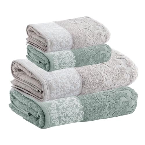 Kit Jogo Toalhas Banho e Rosto, 4 Peças, Medalhão, Corttex, Algodão, Jacquard, Alta Absorção, 450g/m² – Altihaus (Verde/Cinza)