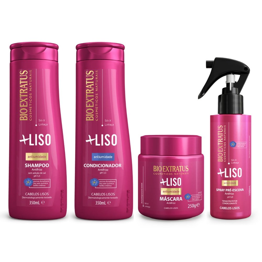 Kit + Liso Shampoo Condicionador 350mL Máscara 250g e Finalizador Spray 100mL Bio Extratus