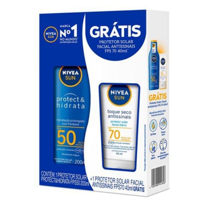 Kit Nivea Sun Protetor Solar FPS50 200ml + Protetor Solar Facial Antissinais FPS70 40ml