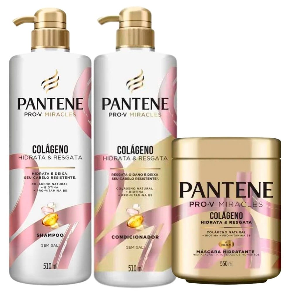 Kit Pantene Shampoo 510ml Condicionador 510ml e Máscara Colágeno 550ml