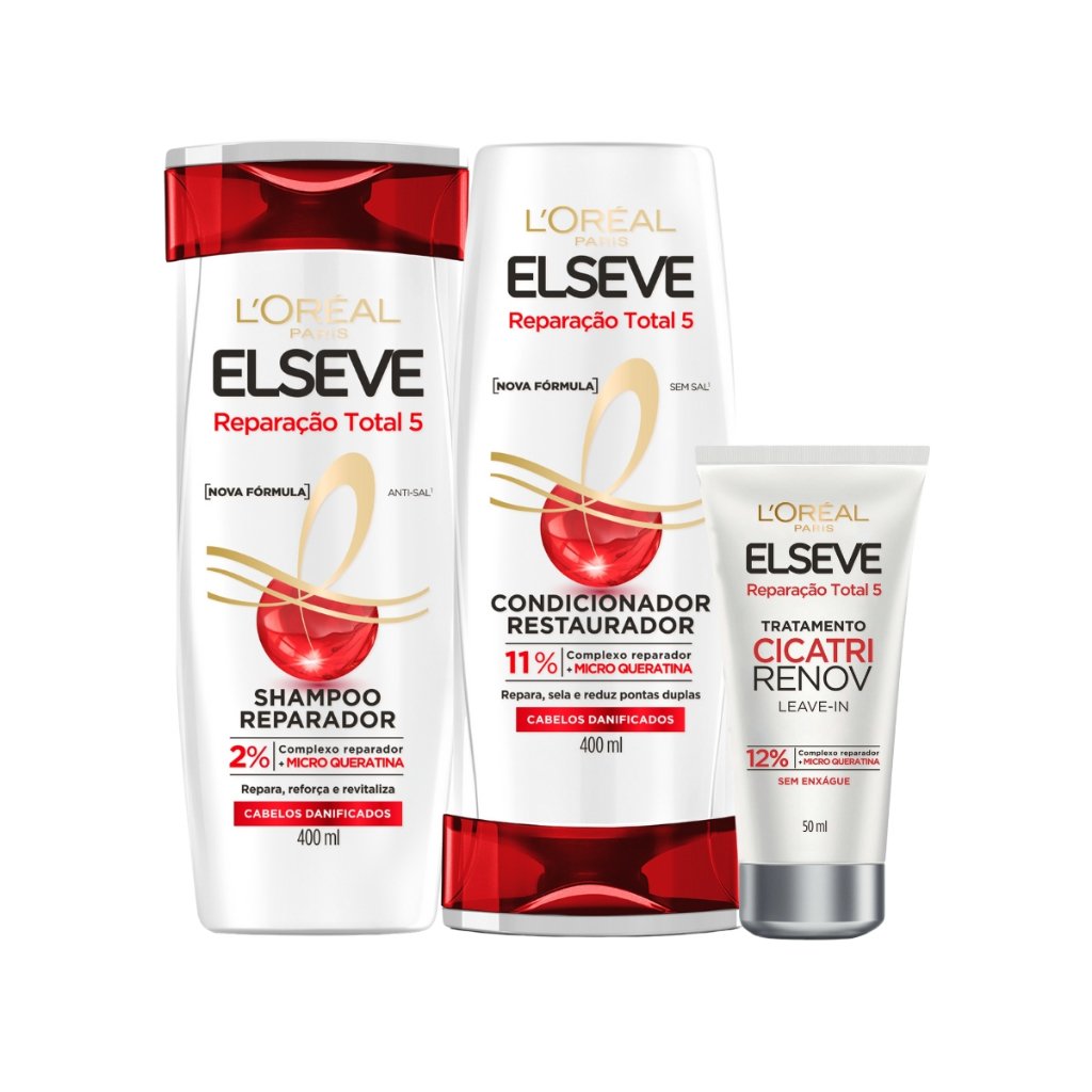Kit Reparação Total 5 L’Oréal Paris Elseve Shampoo 400ml + Condicionador 400ml + Leave-in de Tratamento Cicatri Renov Loreal