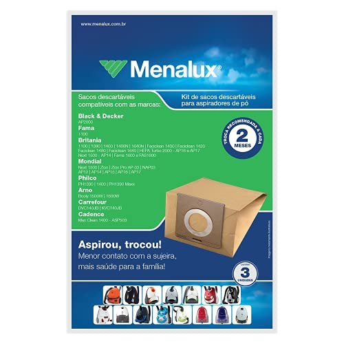 Kit Sacos de Aspirador de Pó 1.7L (SIM01), Menalux, 3 Unidades